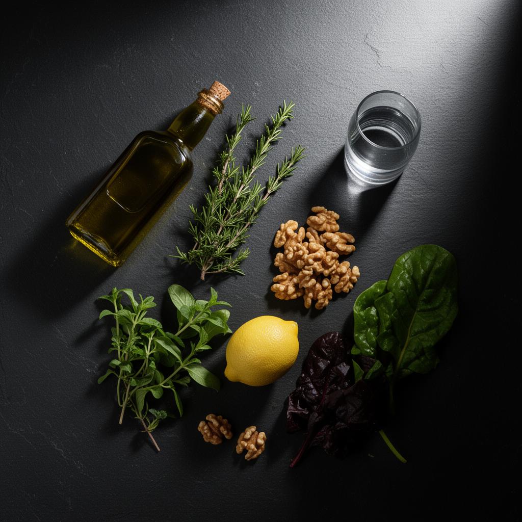 Ingredienti mediterranei freschi su superficie scura